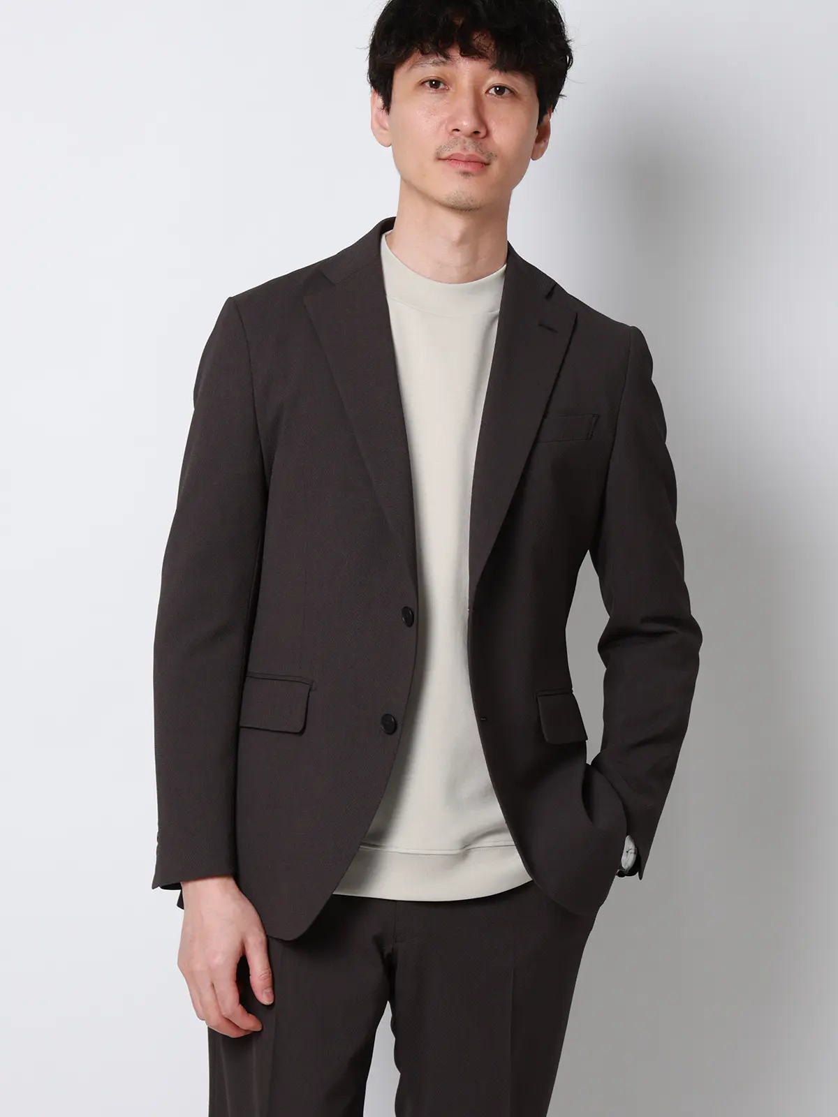 オフィT／モックネックTシャツ／長袖／ウォッシャブル／プレーティング天竺／無地 ライトグレー LL