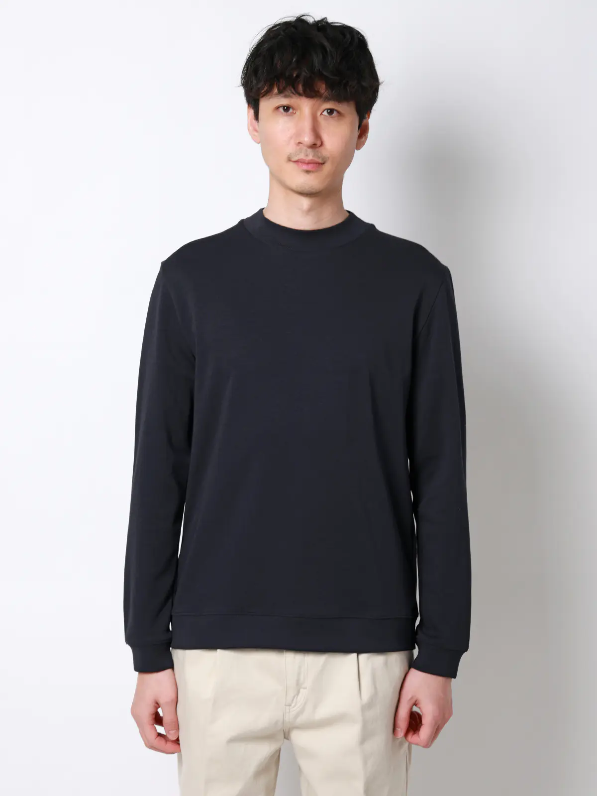 オフィT／モックネックTシャツ／長袖／ウォッシャブル／プレーティング天竺／無地 ネイビー S