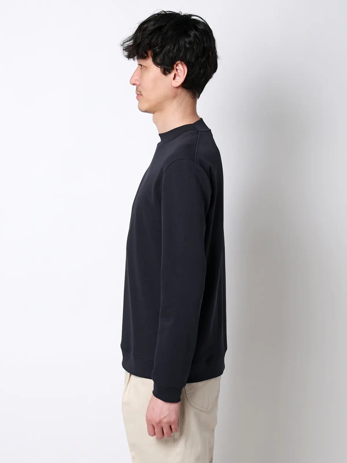 オフィT／モックネックTシャツ／長袖／ウォッシャブル／プレーティング天竺／無地 ネイビー S