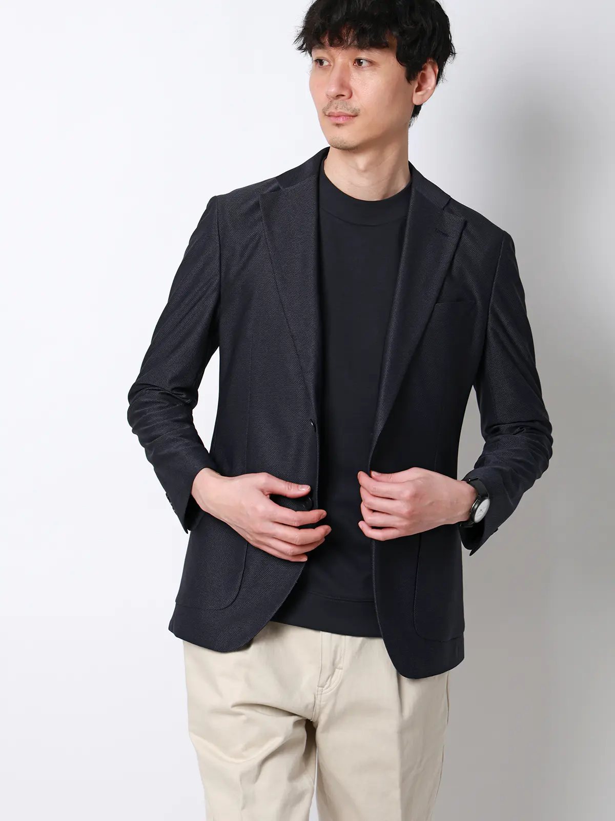 オフィT／モックネックTシャツ／長袖／ウォッシャブル／プレーティング天竺／無地 ネイビー S