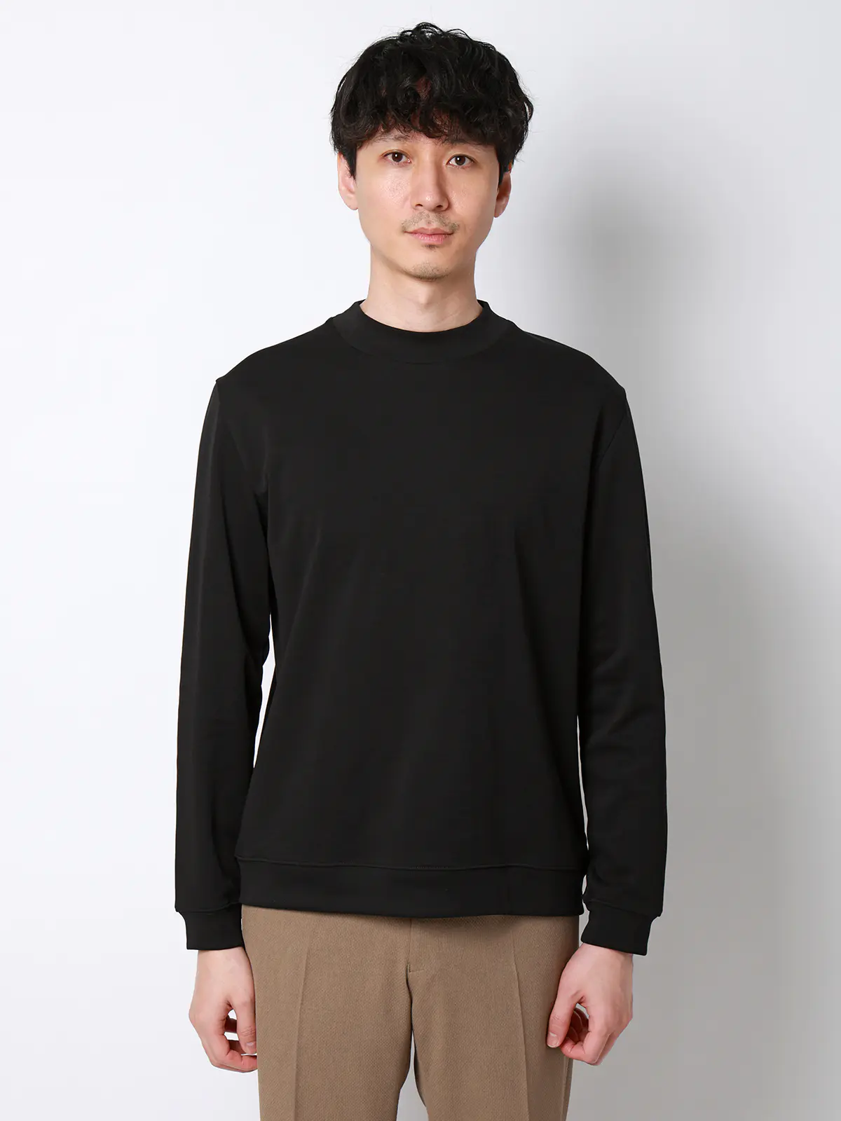 オフィT/モックネックTシャツ/長袖/ウォッシャブル/プレーティング天竺/無地 ブラック S