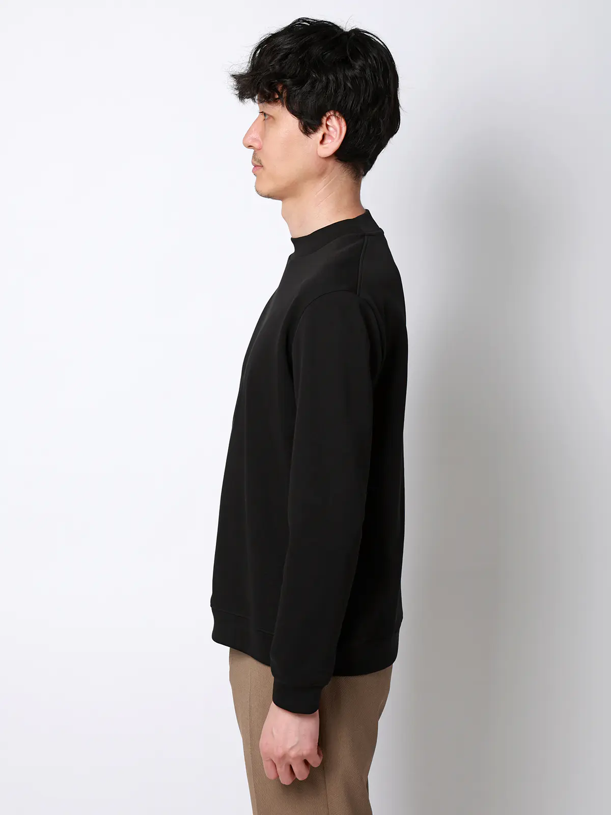 オフィT/モックネックTシャツ/長袖/ウォッシャブル/プレーティング天竺/無地 ブラック S