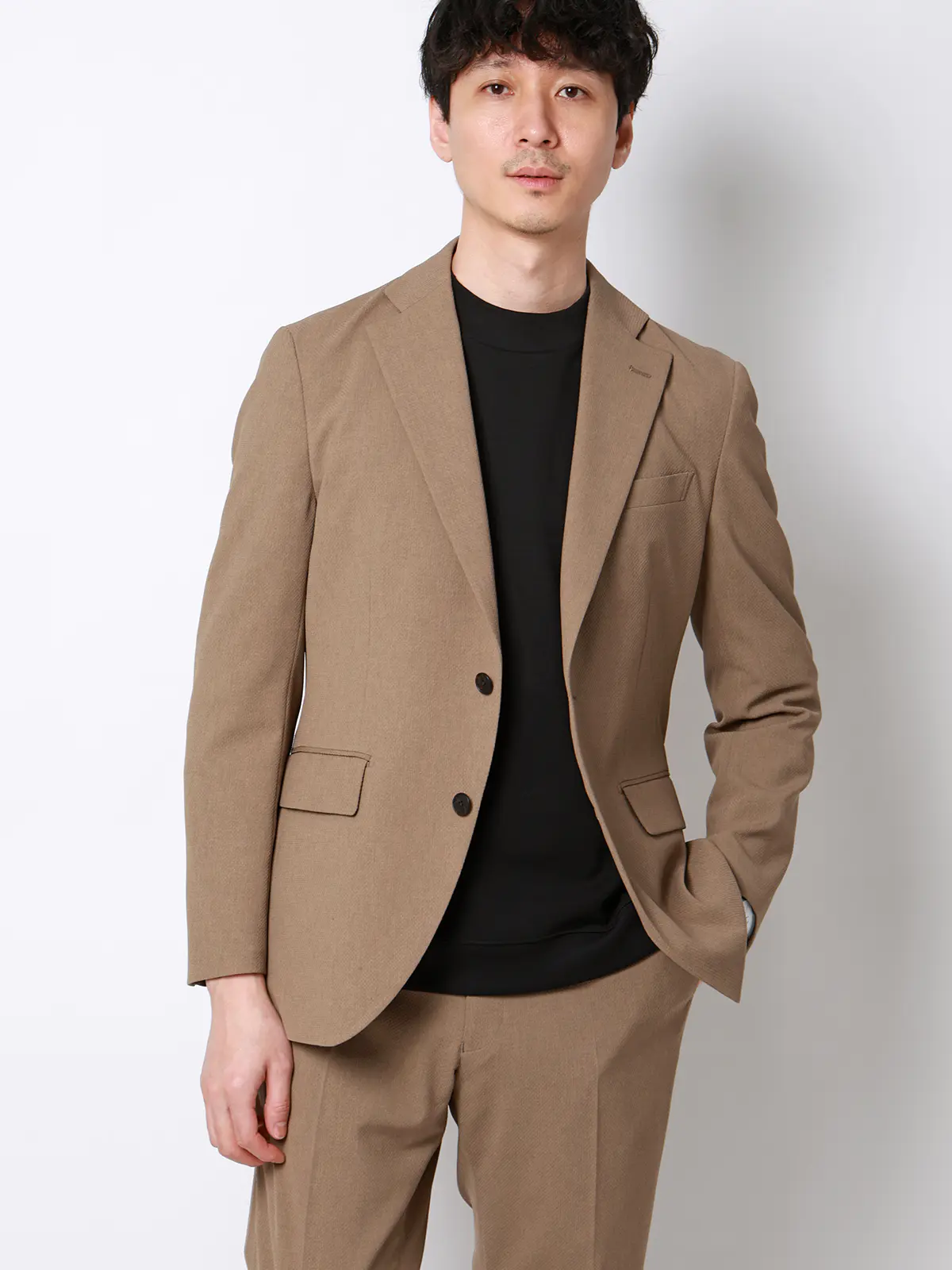 オフィT/モックネックTシャツ/長袖/ウォッシャブル/プレーティング天竺/無地 ブラック S