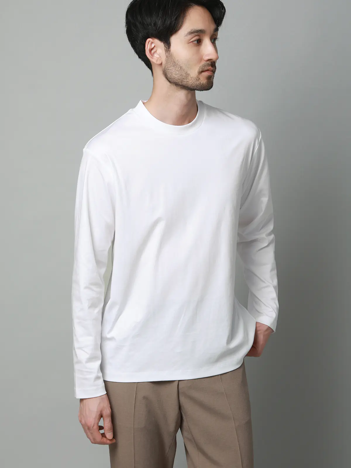 クルーネックTシャツ／長袖／ウォッシャブル／形態安定／シルケットスムースコットン／無地 ホワイト S