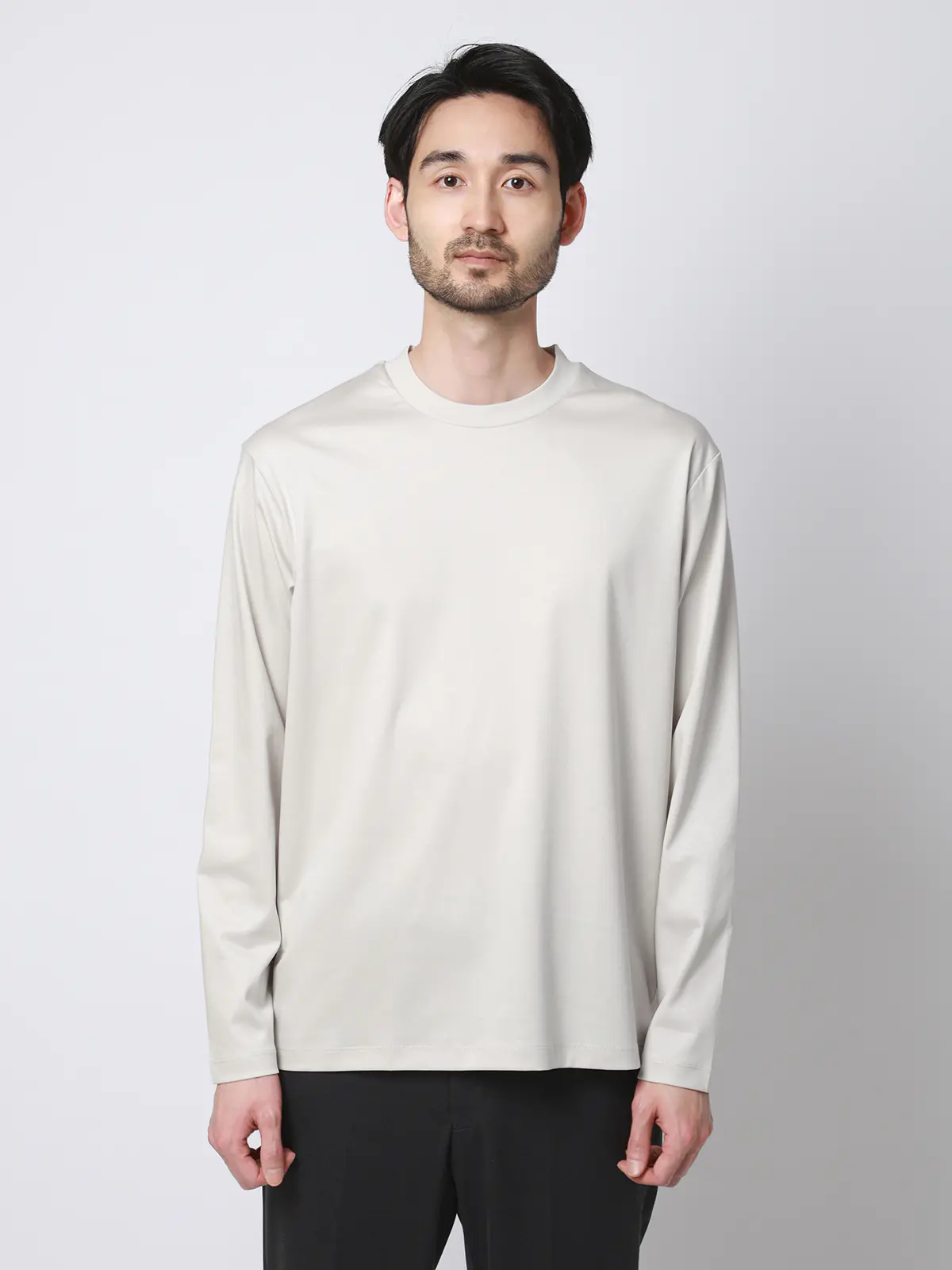 クルーネックTシャツ／長袖／ウォッシャブル／形態安定／シルケットスムースコットン／無地 ライトグレー S