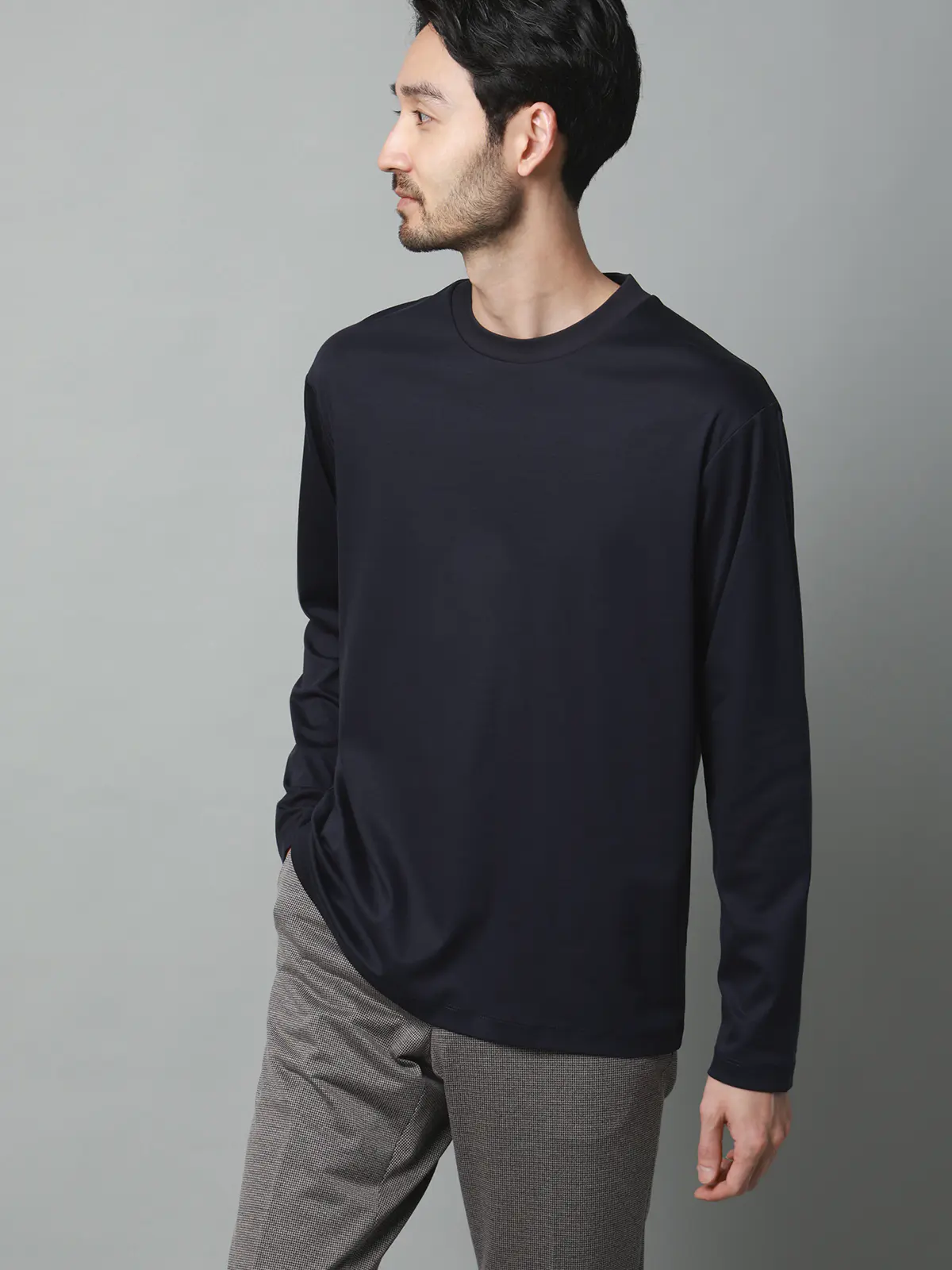 クルーネックTシャツ／長袖／ウォッシャブル／形態安定／シルケットスムースコットン／無地 ネイビー S