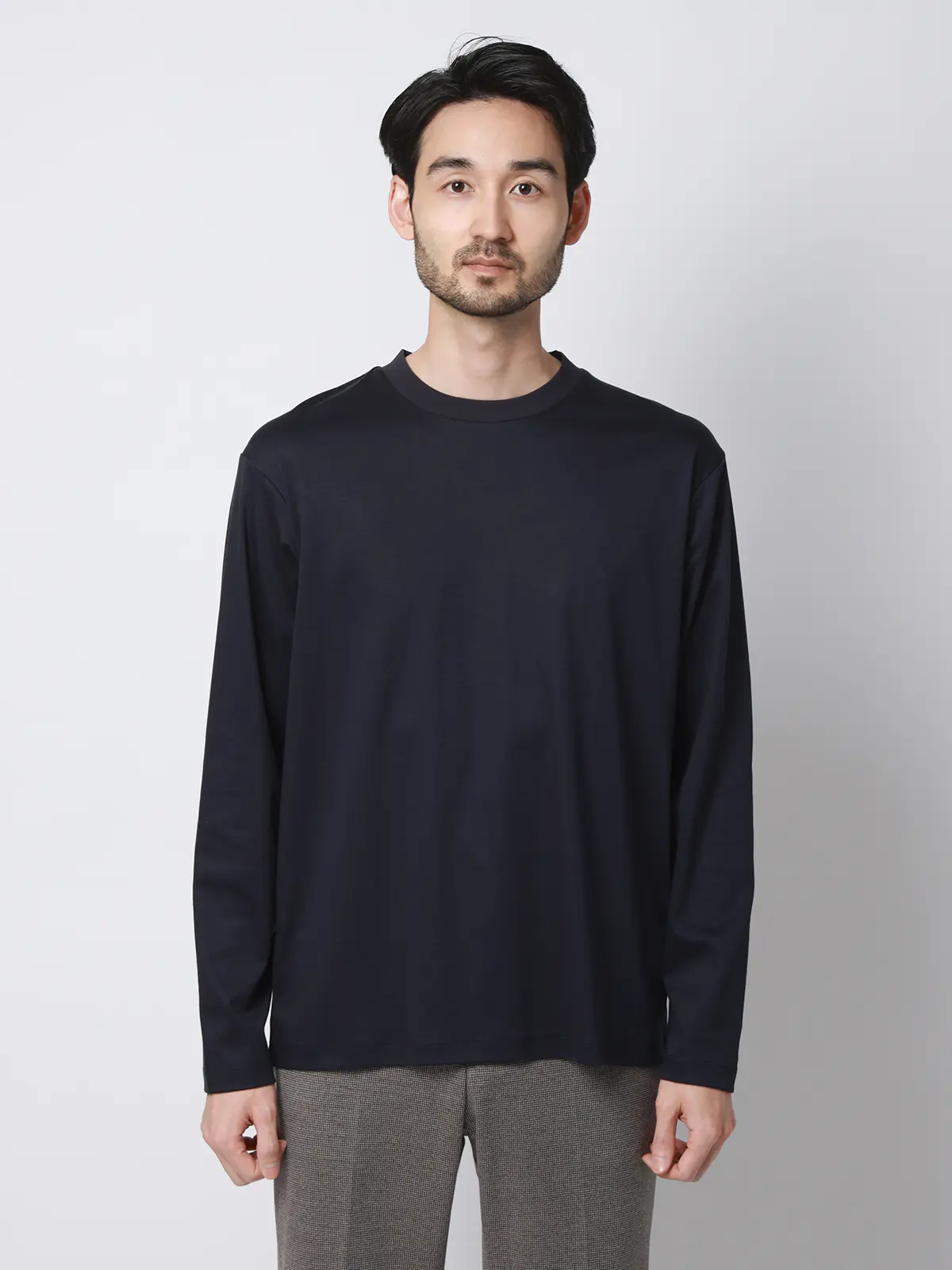 クルーネックTシャツ／長袖／ウォッシャブル／形態安定／シルケットスムースコットン／無地 ネイビー S
