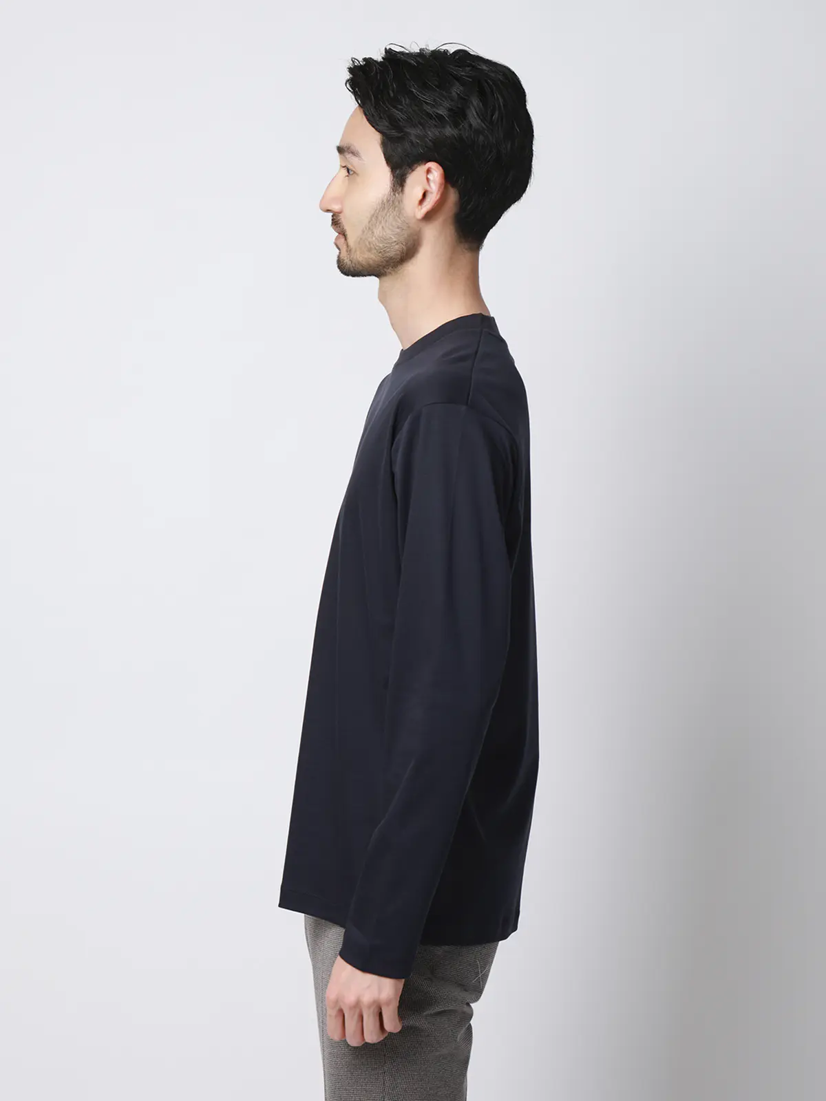 クルーネックTシャツ／長袖／ウォッシャブル／形態安定／シルケットスムースコットン／無地 ネイビー S