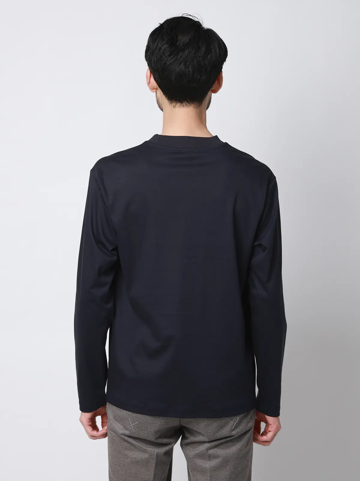 クルーネックTシャツ／長袖／ウォッシャブル／形態安定／シルケットスムースコットン／無地 ネイビー S