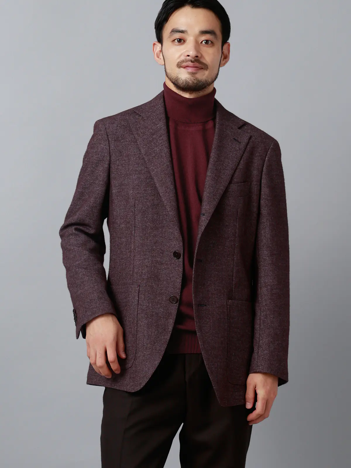 タートルネックニット／長袖／ウォッシャブル／抗ピリング／エクストラファインメリノウール天竺／無地 ワイン M