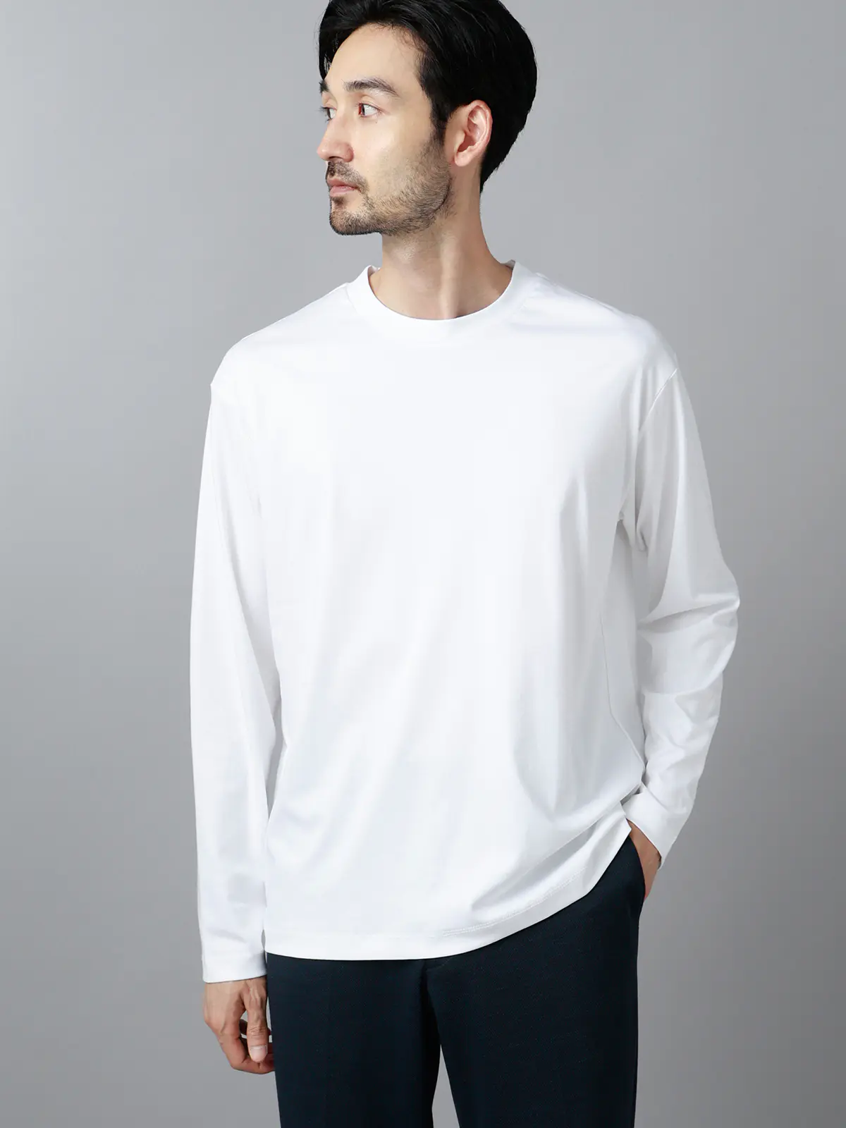 クルーネックTシャツ／長袖／ウォッシャブル／形態安定／シルケットスムースコットン／無地 ホワイト S
