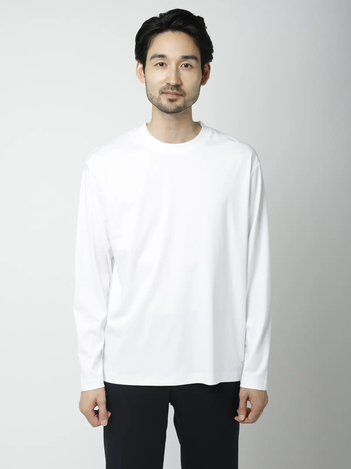 クルーネックTシャツ／長袖／ウォッシャブル／形態安定／シルケットスムースコットン／無地 ホワイト S