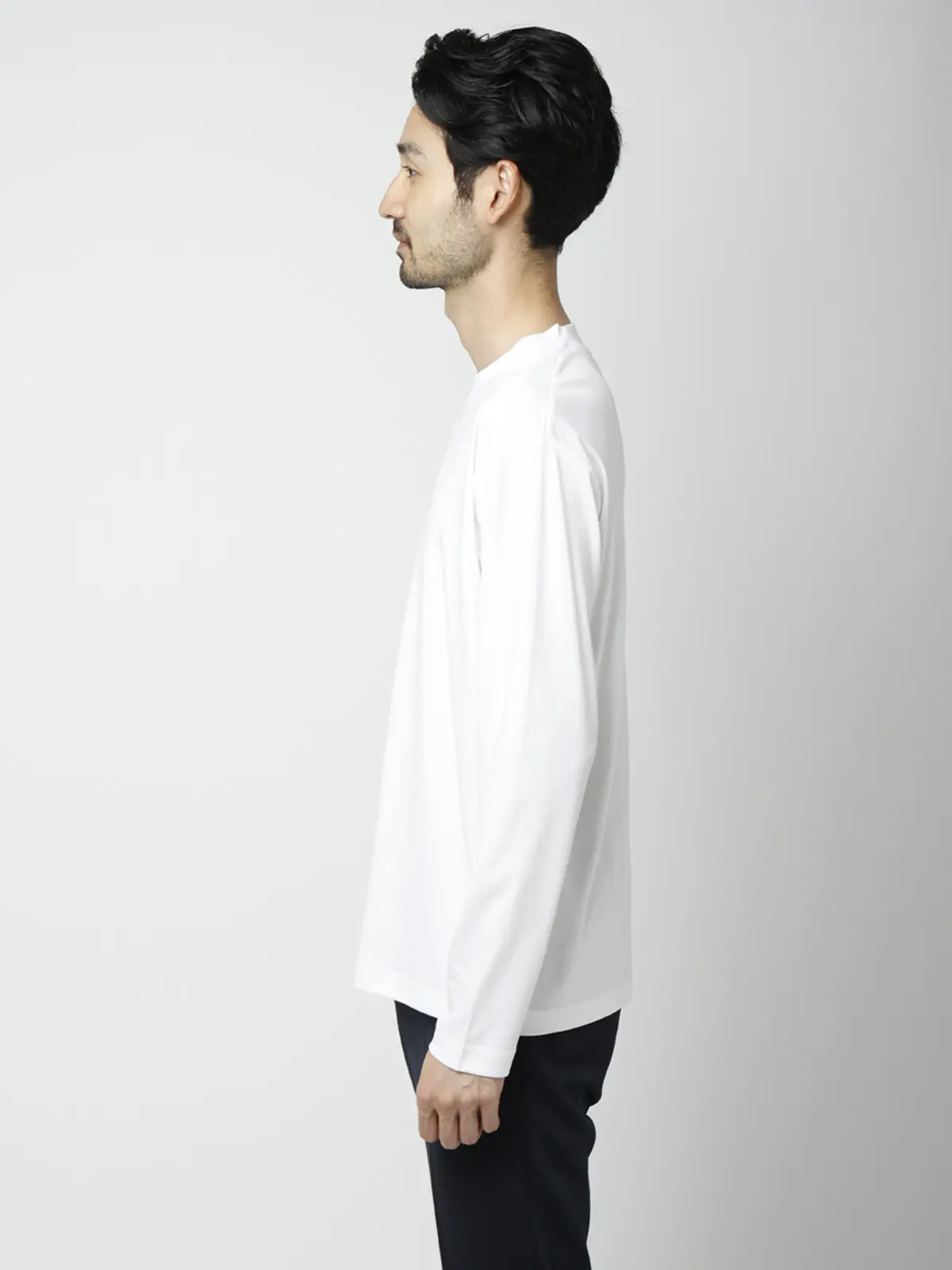 クルーネックTシャツ／長袖／ウォッシャブル／形態安定／シルケットスムースコットン／無地 ホワイト S