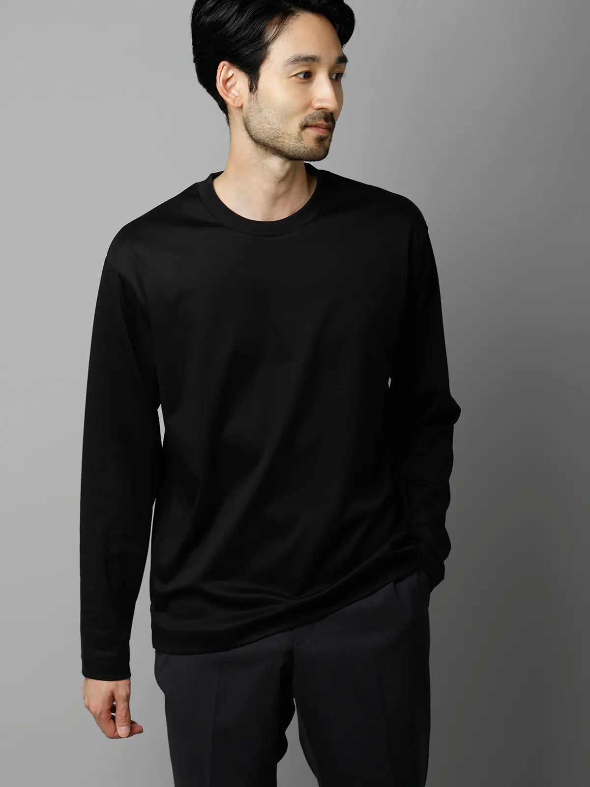 クルーネックTシャツ／長袖／ウォッシャブル／形態安定／シルケットスムースコットン／無地 ブラック S