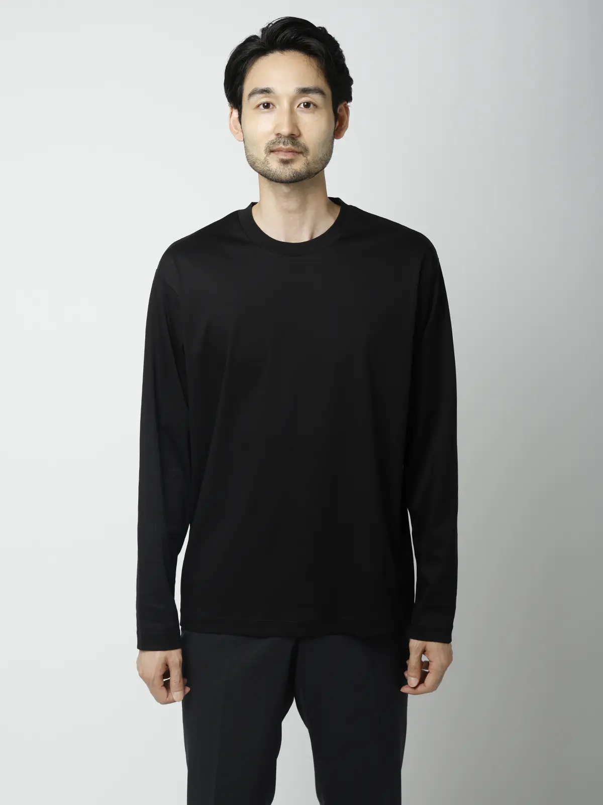 クルーネックTシャツ／長袖／ウォッシャブル／形態安定／シルケットスムースコットン／無地 ブラック S