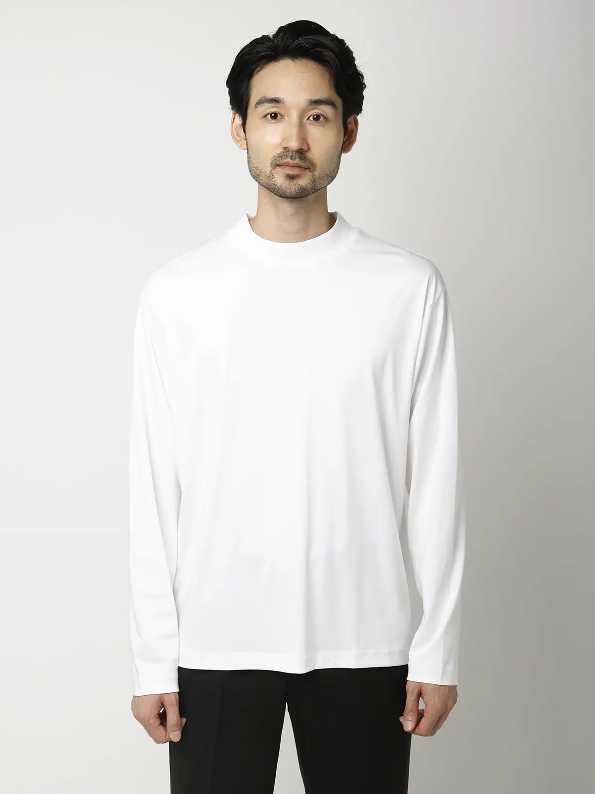 モックネックTシャツ／長袖／ウォッシャブル／形態安定／シルケットスムースコットン／無地 ホワイト S