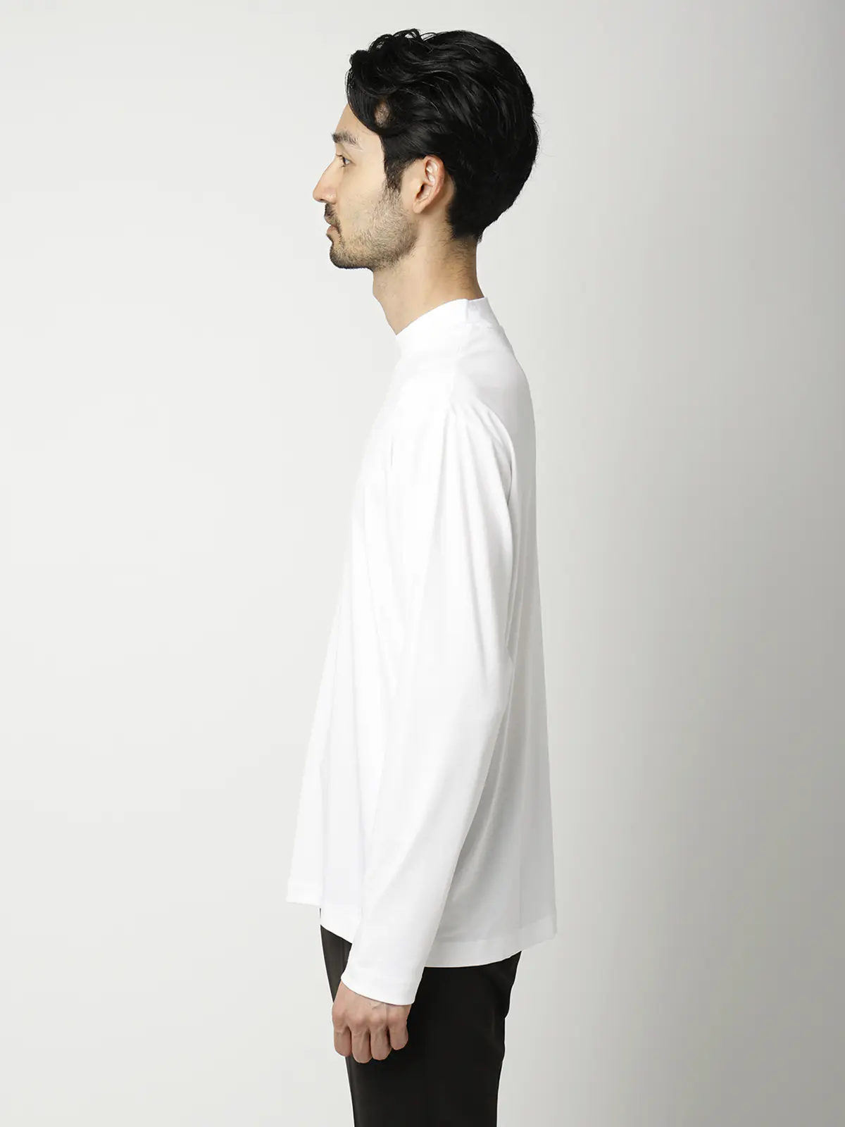 モックネックTシャツ／長袖／ウォッシャブル／形態安定／シルケットスムースコットン／無地 ホワイト S