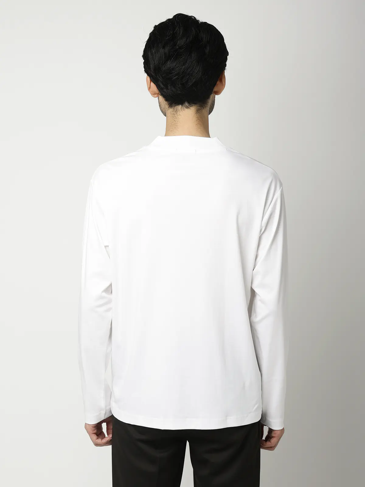 モックネックTシャツ／長袖／ウォッシャブル／形態安定／シルケットスムースコットン／無地 ホワイト S