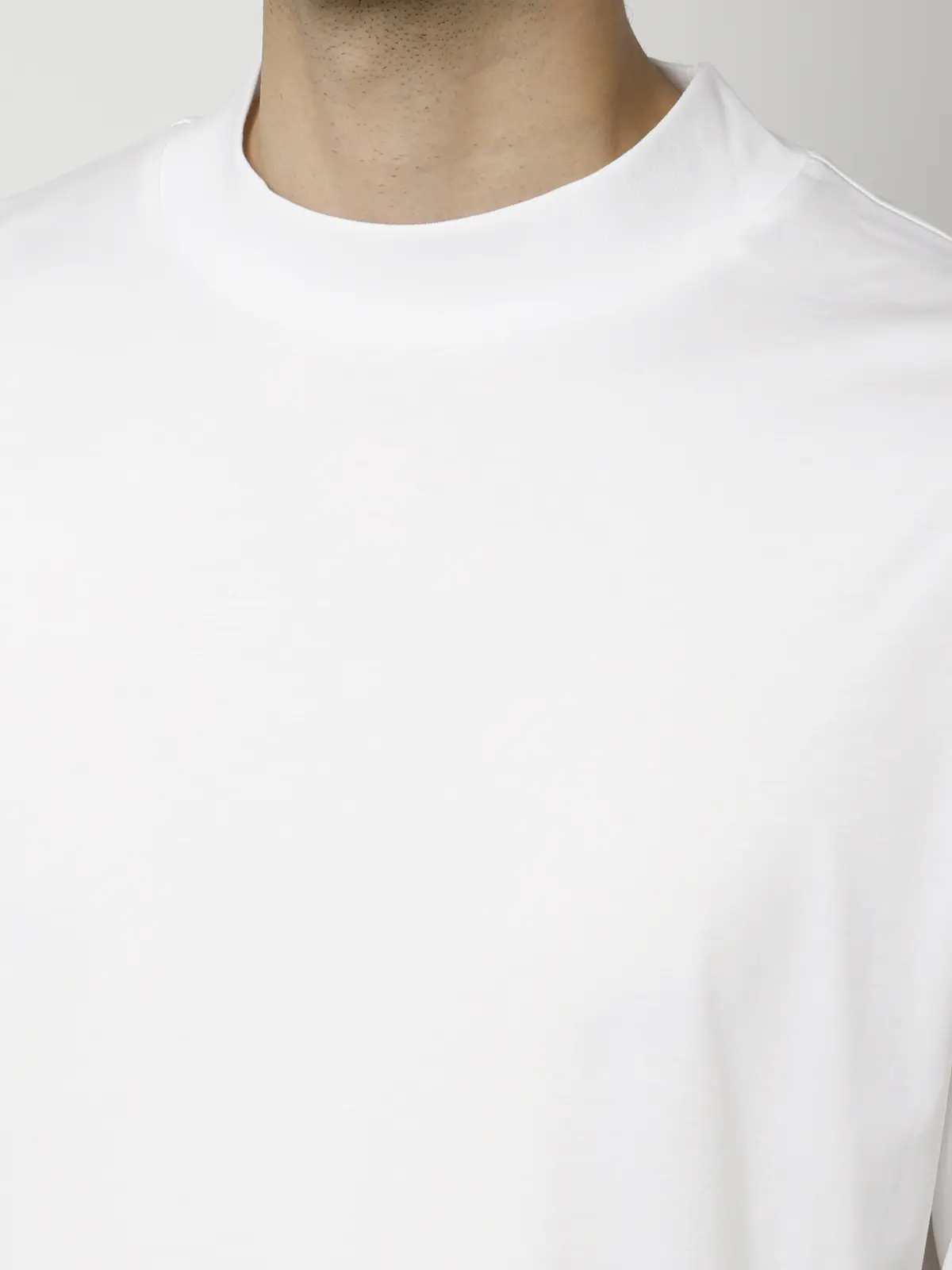 モックネックTシャツ／長袖／ウォッシャブル／形態安定／シルケットスムースコットン／無地 ホワイト S