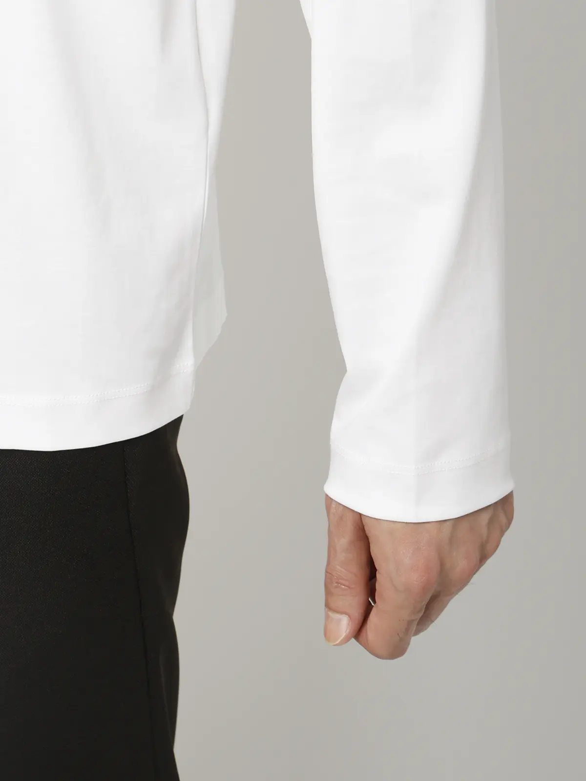 モックネックTシャツ／長袖／ウォッシャブル／形態安定／シルケットスムースコットン／無地 ホワイト S