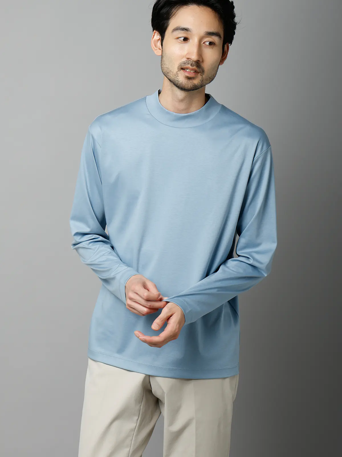 モックネックTシャツ／長袖／ウォッシャブル／形態安定／シルケットスムースコットン／無地 サックス S