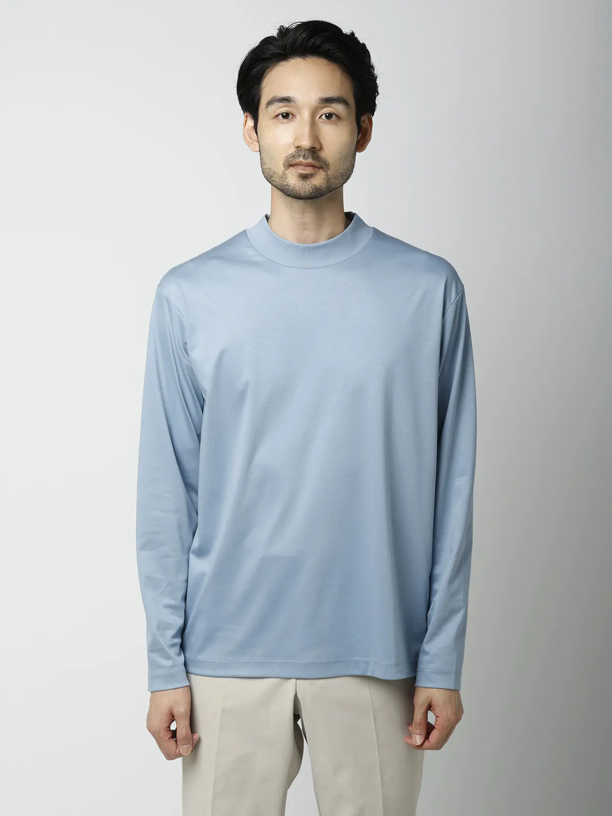 モックネックTシャツ／長袖／ウォッシャブル／形態安定／シルケットスムースコットン／無地 サックス S