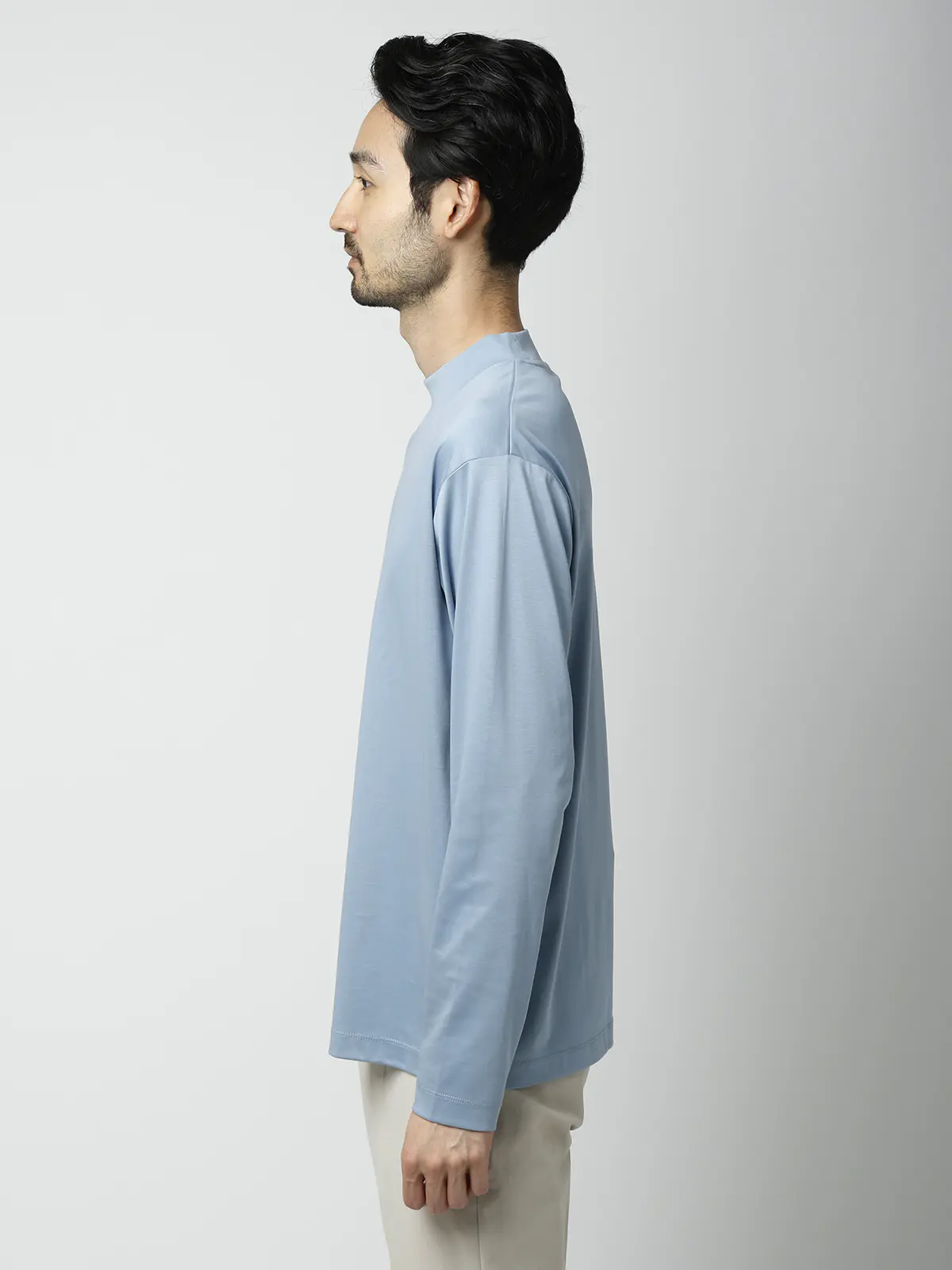 モックネックTシャツ／長袖／ウォッシャブル／形態安定／シルケットスムースコットン／無地 サックス S