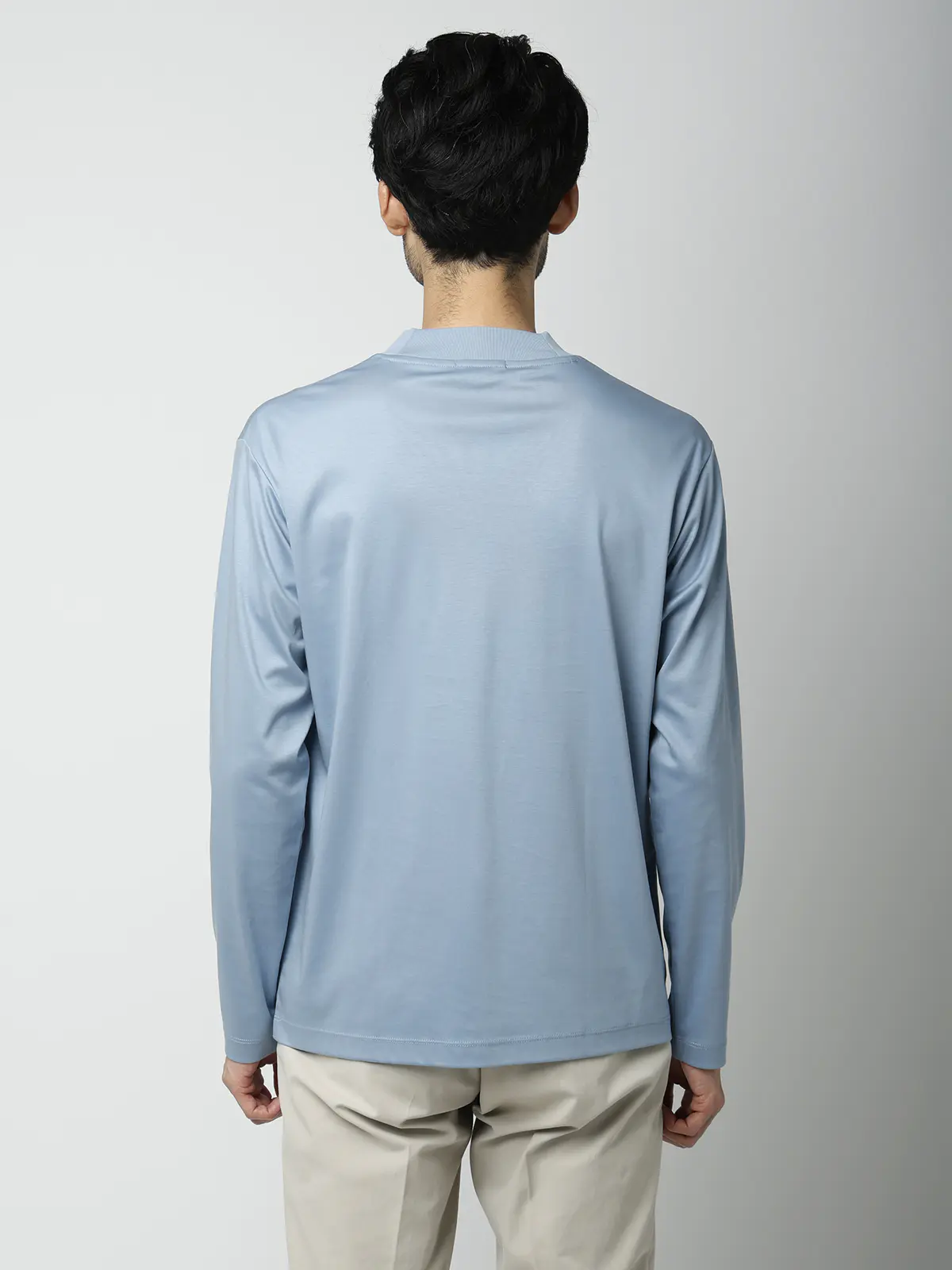モックネックTシャツ／長袖／ウォッシャブル／形態安定／シルケットスムースコットン／無地 サックス S