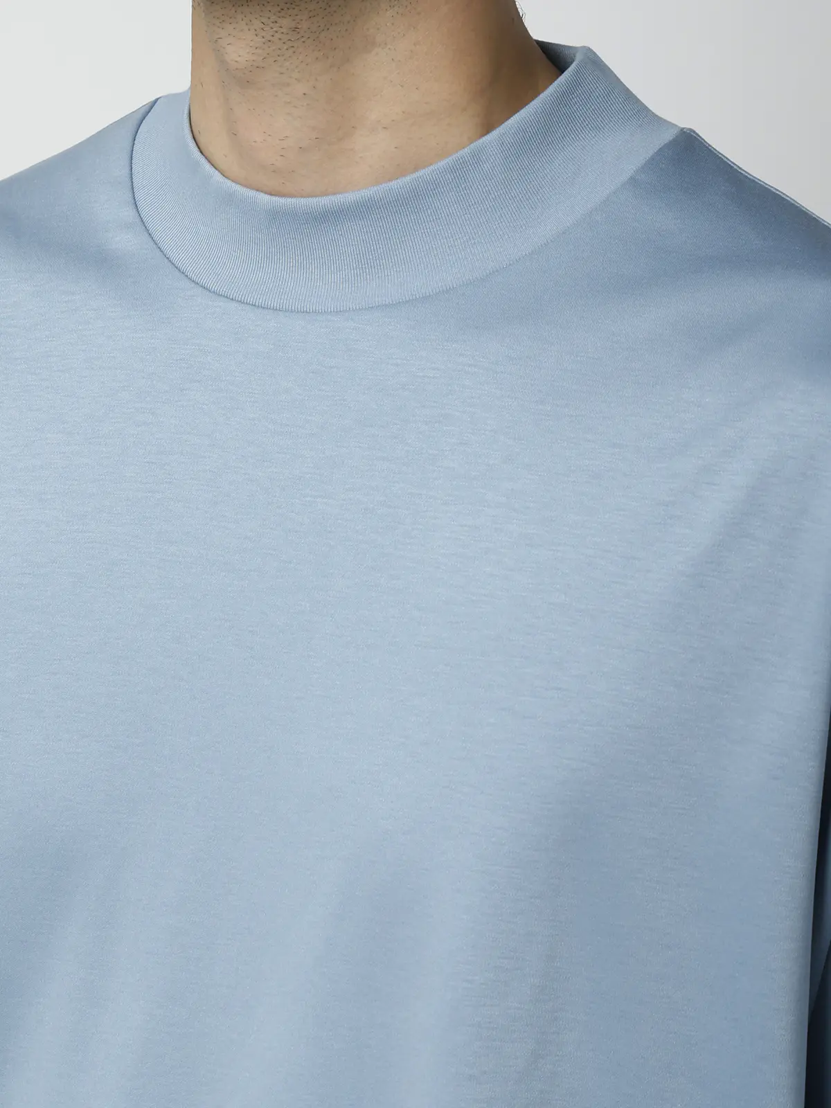 モックネックTシャツ／長袖／ウォッシャブル／形態安定／シルケットスムースコットン／無地 サックス S