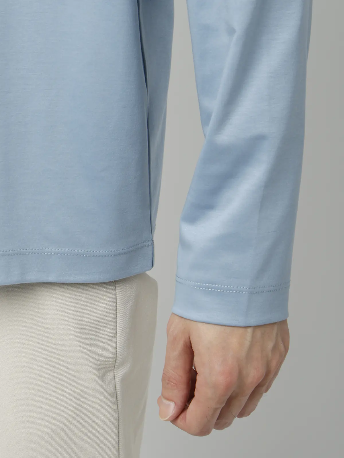 モックネックTシャツ／長袖／ウォッシャブル／形態安定／シルケットスムースコットン／無地 サックス S