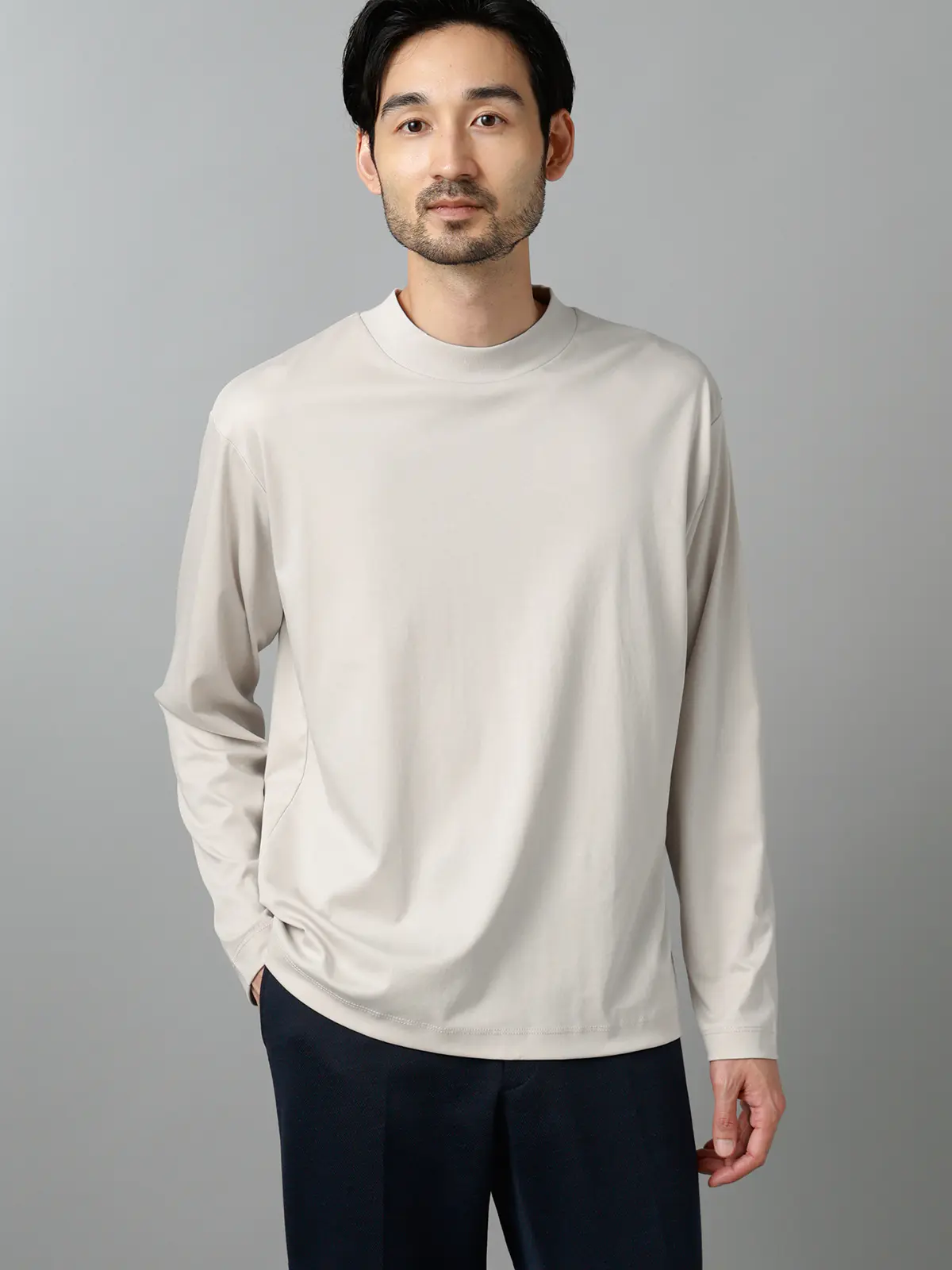 モックネックTシャツ／長袖／ウォッシャブル／形態安定／シルケットスムースコットン／無地 ライトグレー S