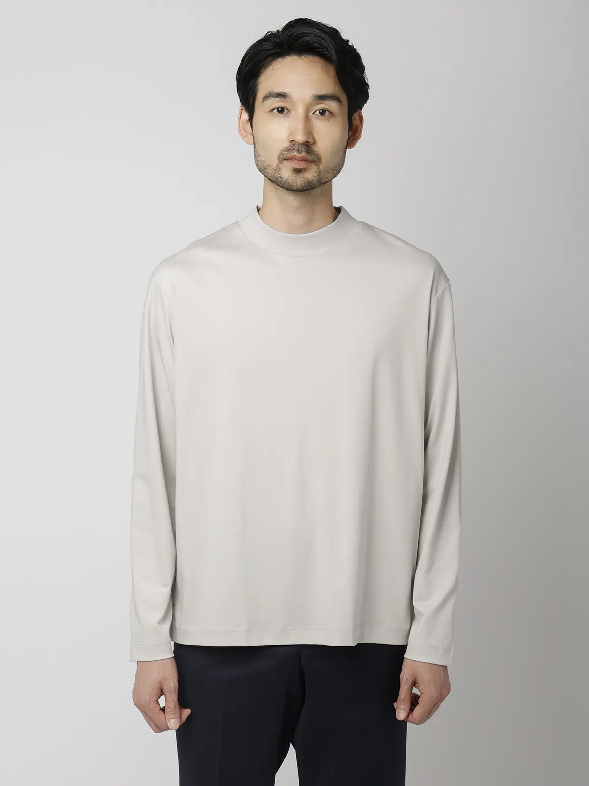 モックネックTシャツ／長袖／ウォッシャブル／形態安定／シルケットスムースコットン／無地 ライトグレー S