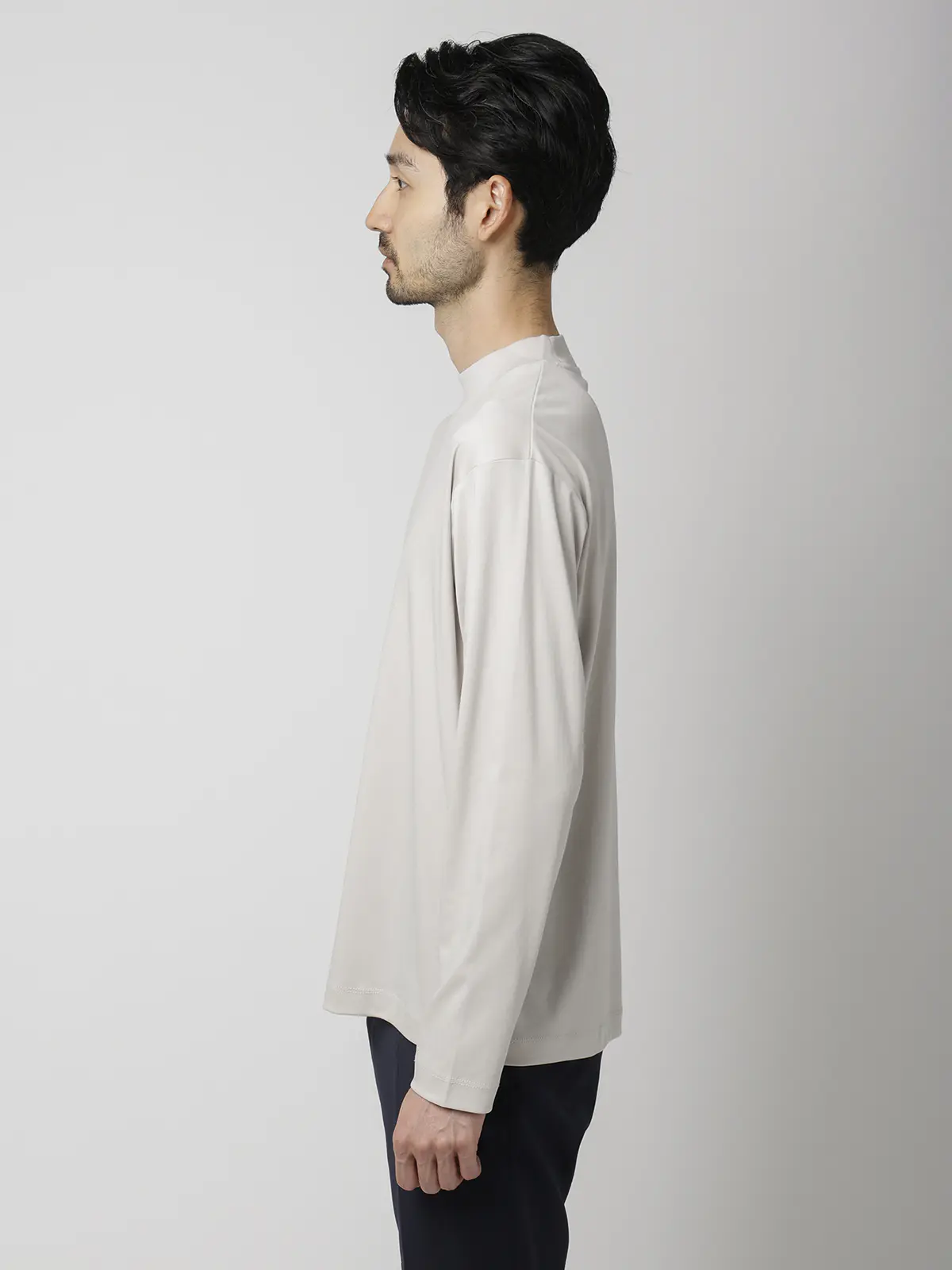 モックネックTシャツ／長袖／ウォッシャブル／形態安定／シルケットスムースコットン／無地 ライトグレー S