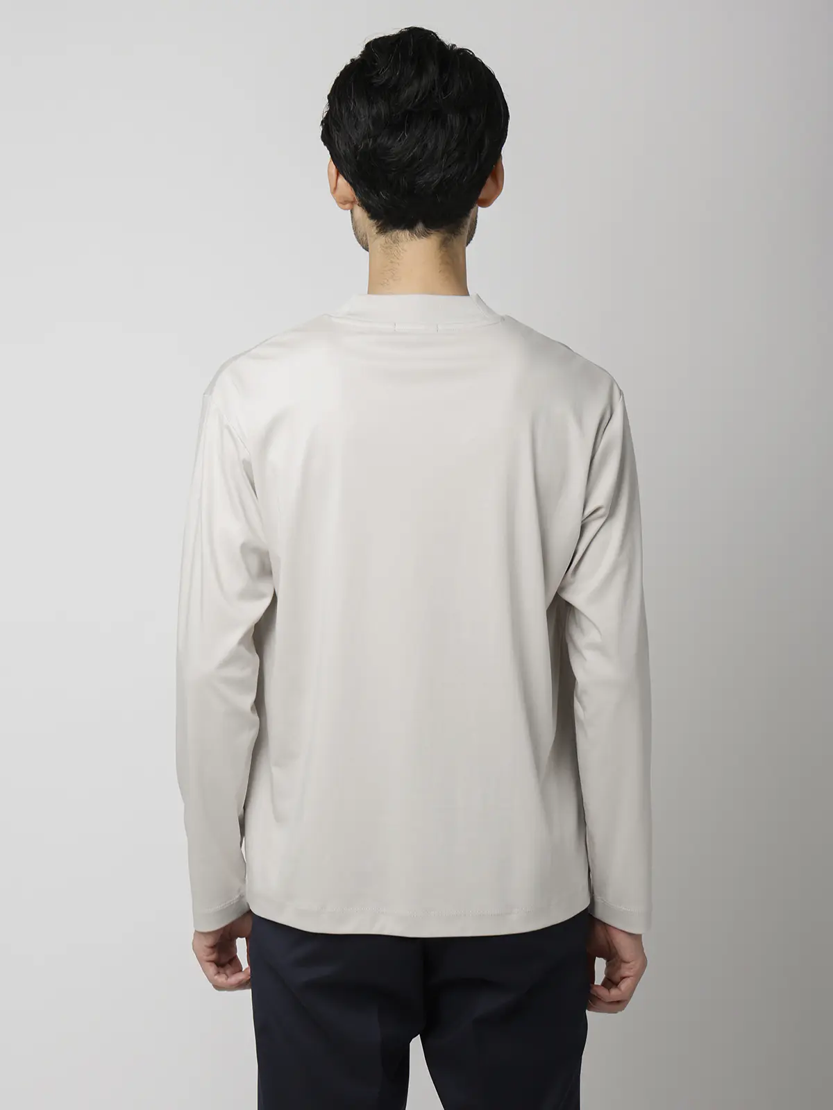 モックネックTシャツ／長袖／ウォッシャブル／形態安定／シルケットスムースコットン／無地 ライトグレー S