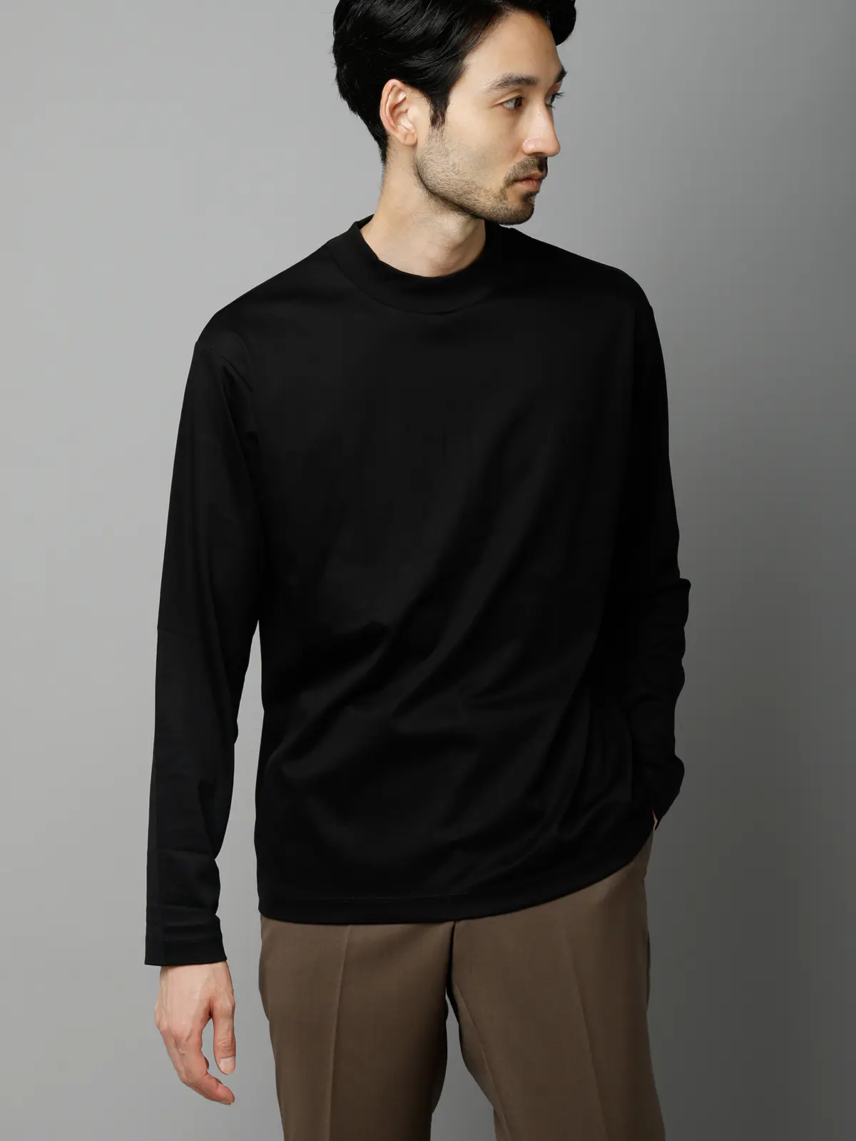 モックネックTシャツ／長袖／ウォッシャブル／形態安定／シルケットスムースコットン／無地 ブラック S
