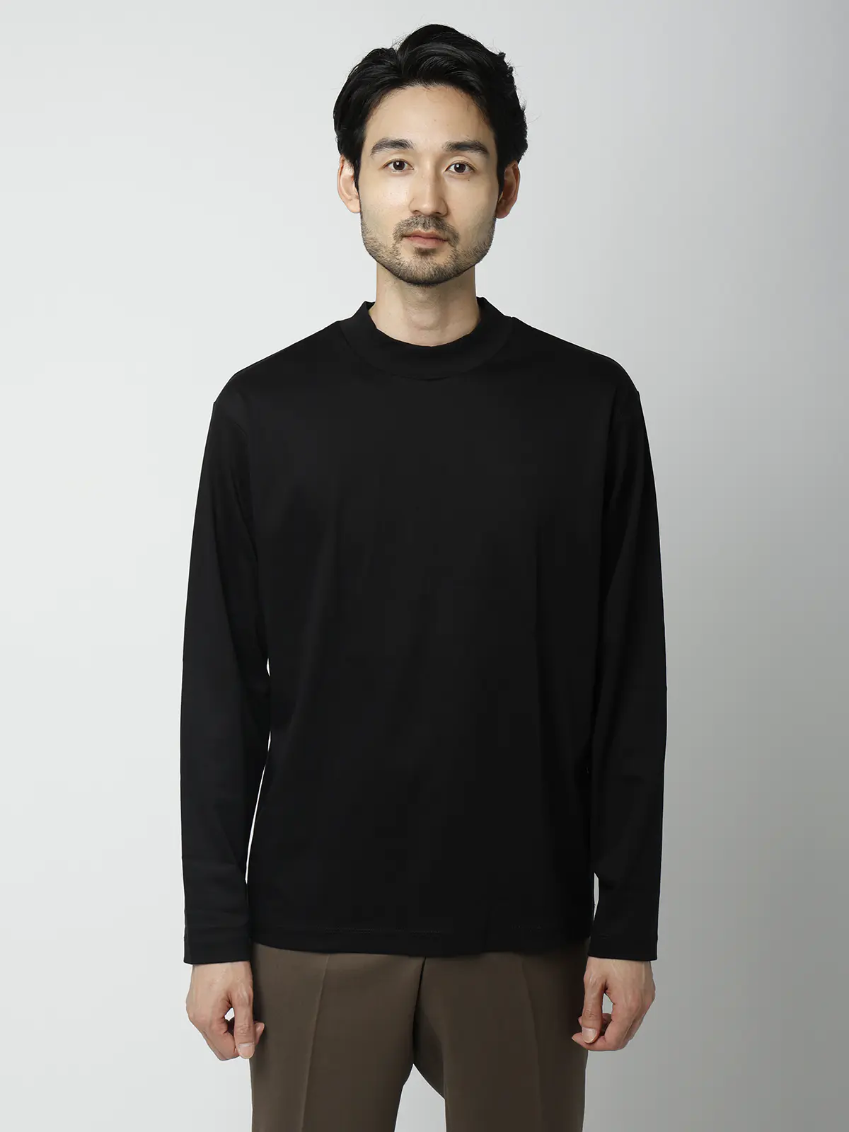 モックネックTシャツ／長袖／ウォッシャブル／形態安定／シルケットスムースコットン／無地 ブラック S
