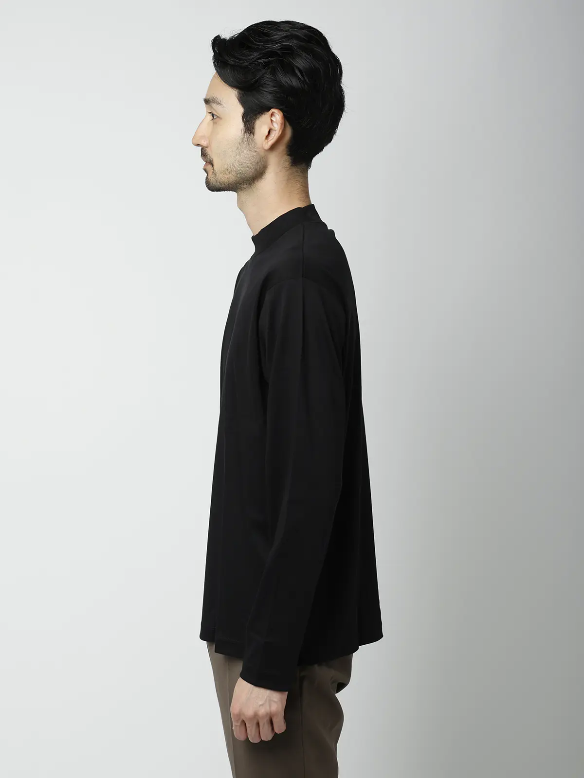 モックネックTシャツ／長袖／ウォッシャブル／形態安定／シルケットスムースコットン／無地 ブラック S