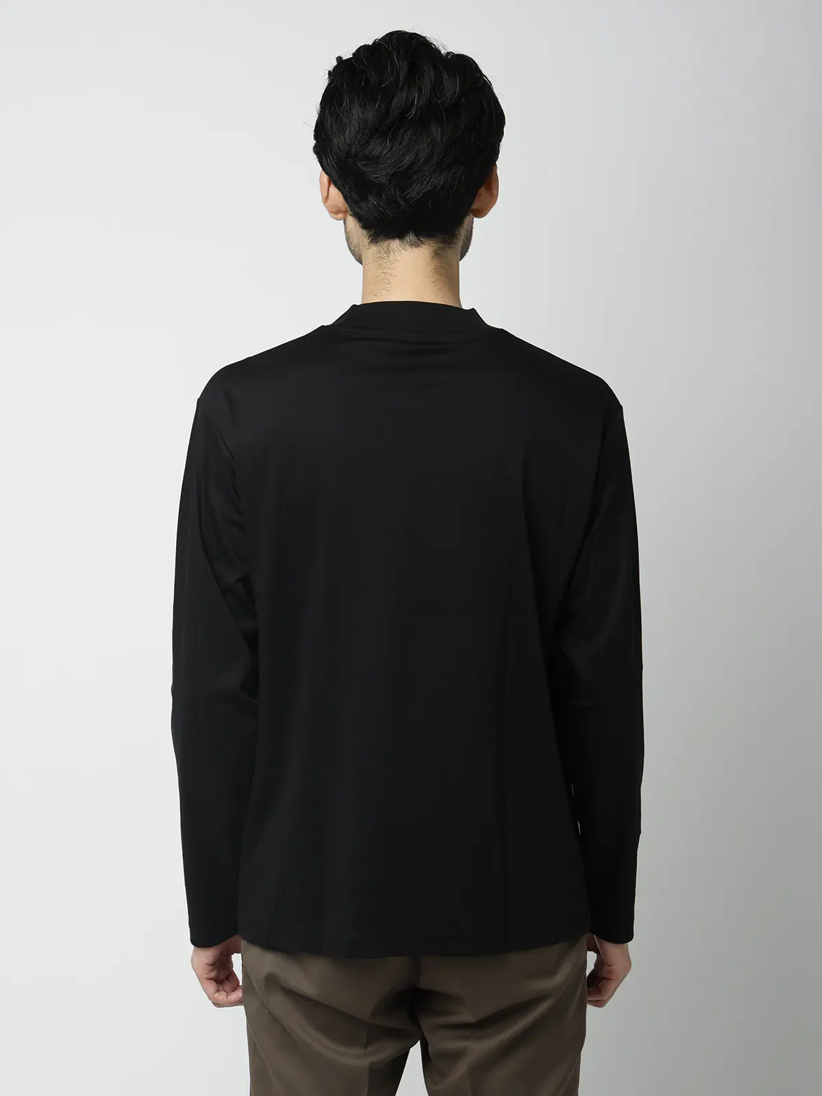 モックネックTシャツ／長袖／ウォッシャブル／形態安定／シルケットスムースコットン／無地 ブラック S