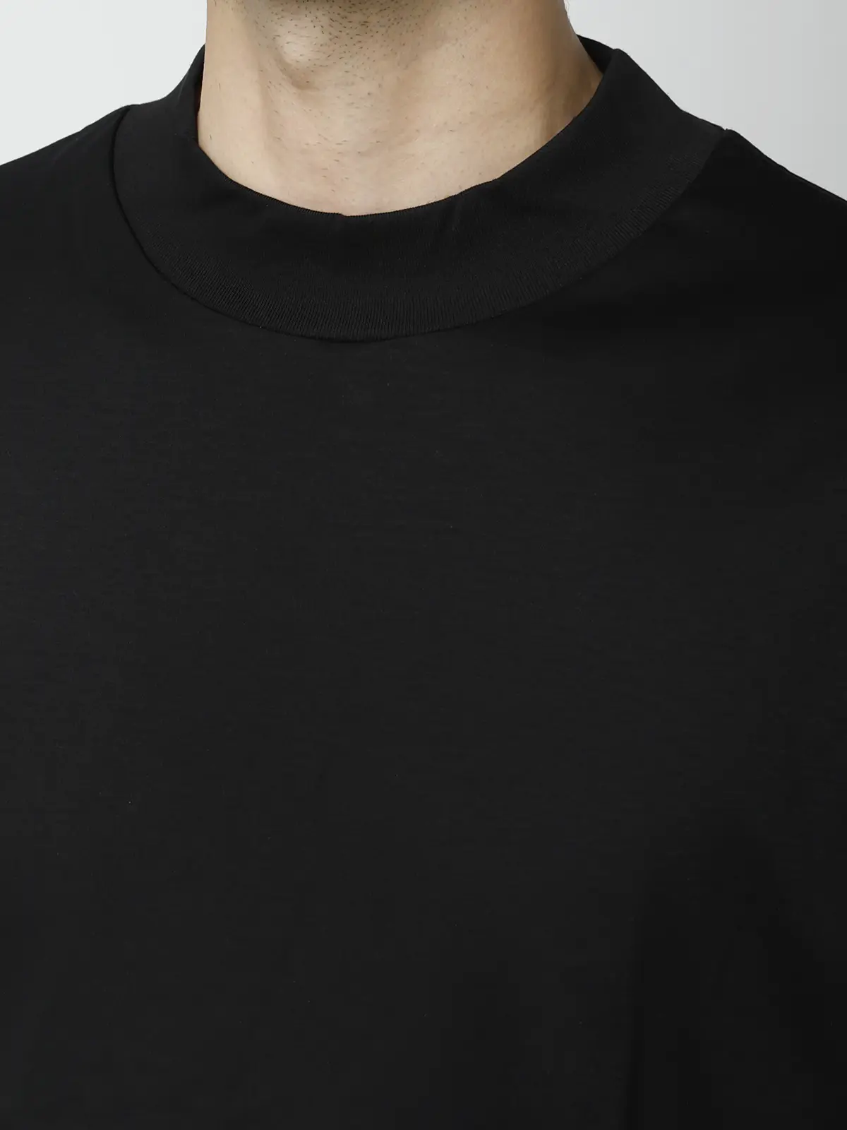 モックネックTシャツ／長袖／ウォッシャブル／形態安定／シルケットスムースコットン／無地 ブラック S