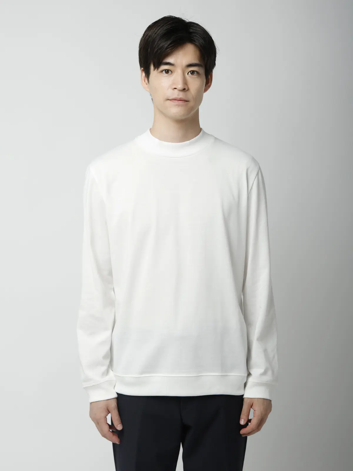 オフィT/モックネックTシャツ/長袖/ウォッシャブル/プレーティング天竺/無地 ホワイト S