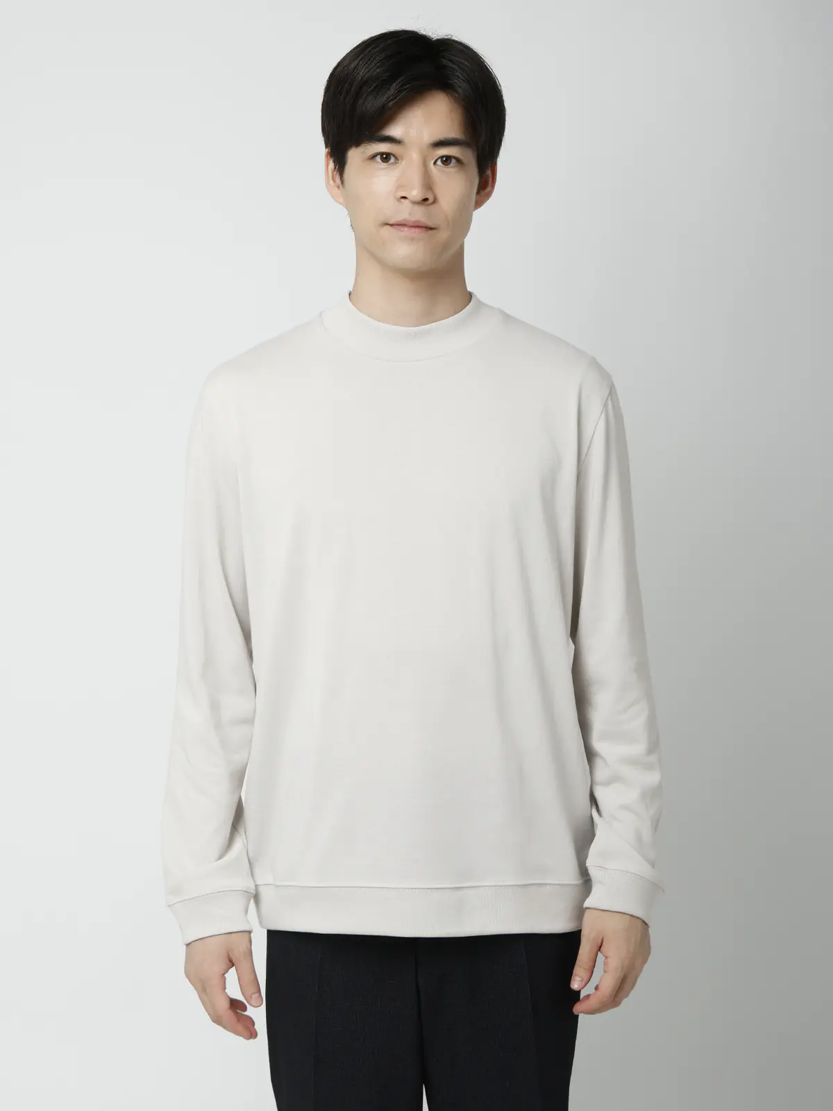 オフィT/モックネックTシャツ/長袖/ウォッシャブル/プレーティング天竺/無地 ライトグレー S