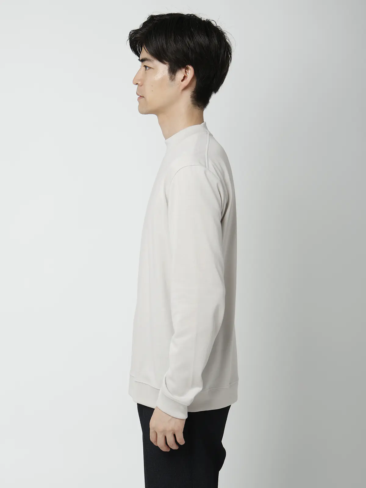 オフィT/モックネックTシャツ/長袖/ウォッシャブル/プレーティング天竺/無地 ライトグレー S