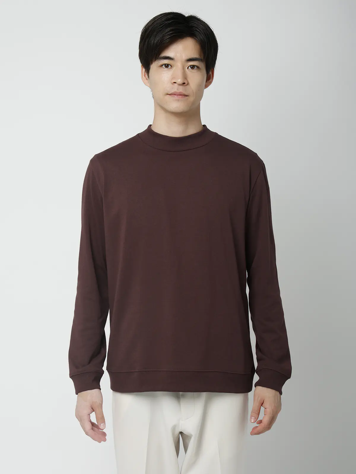 オフィT/モックネックTシャツ/長袖/ウォッシャブル/プレーティング天竺/無地 ブラウン S