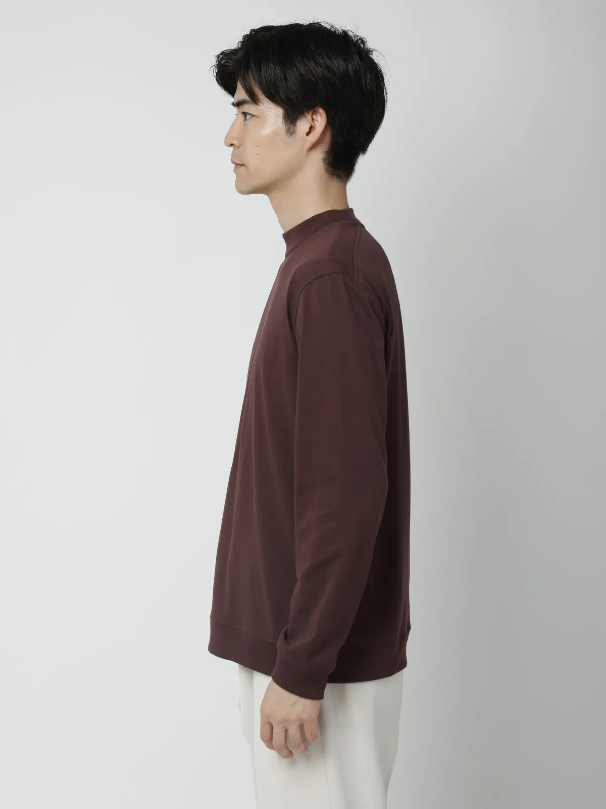 オフィT/モックネックTシャツ/長袖/ウォッシャブル/プレーティング天竺/無地 ブラウン S
