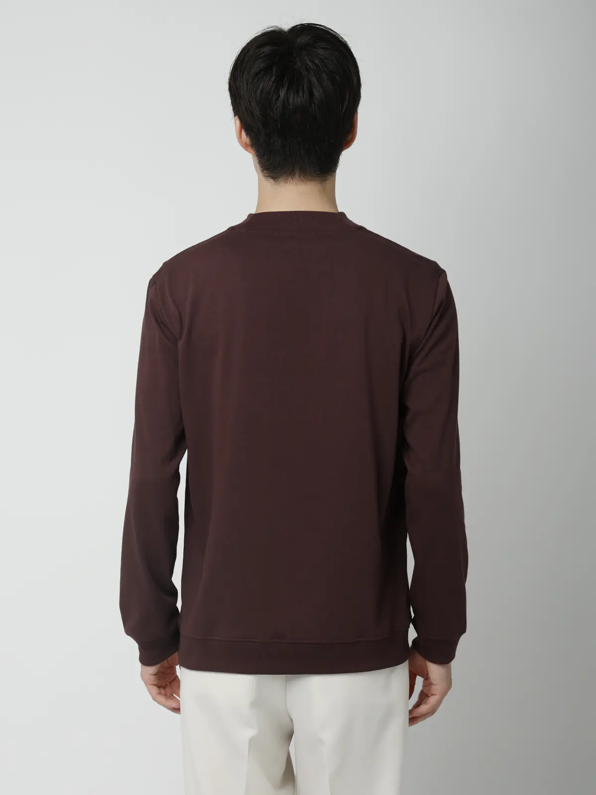 オフィT/モックネックTシャツ/長袖/ウォッシャブル/プレーティング天竺/無地 ブラウン S