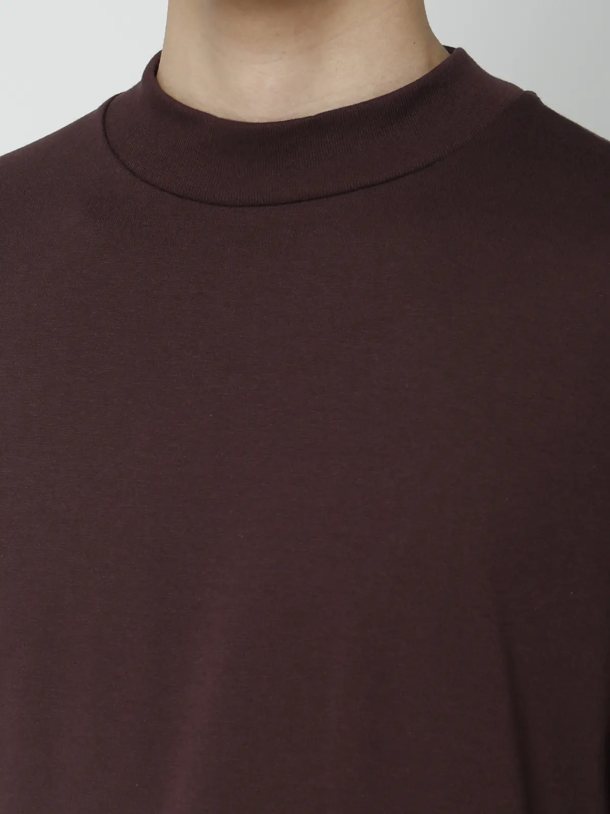 オフィT/モックネックTシャツ/長袖/ウォッシャブル/プレーティング天竺/無地 ブラウン S