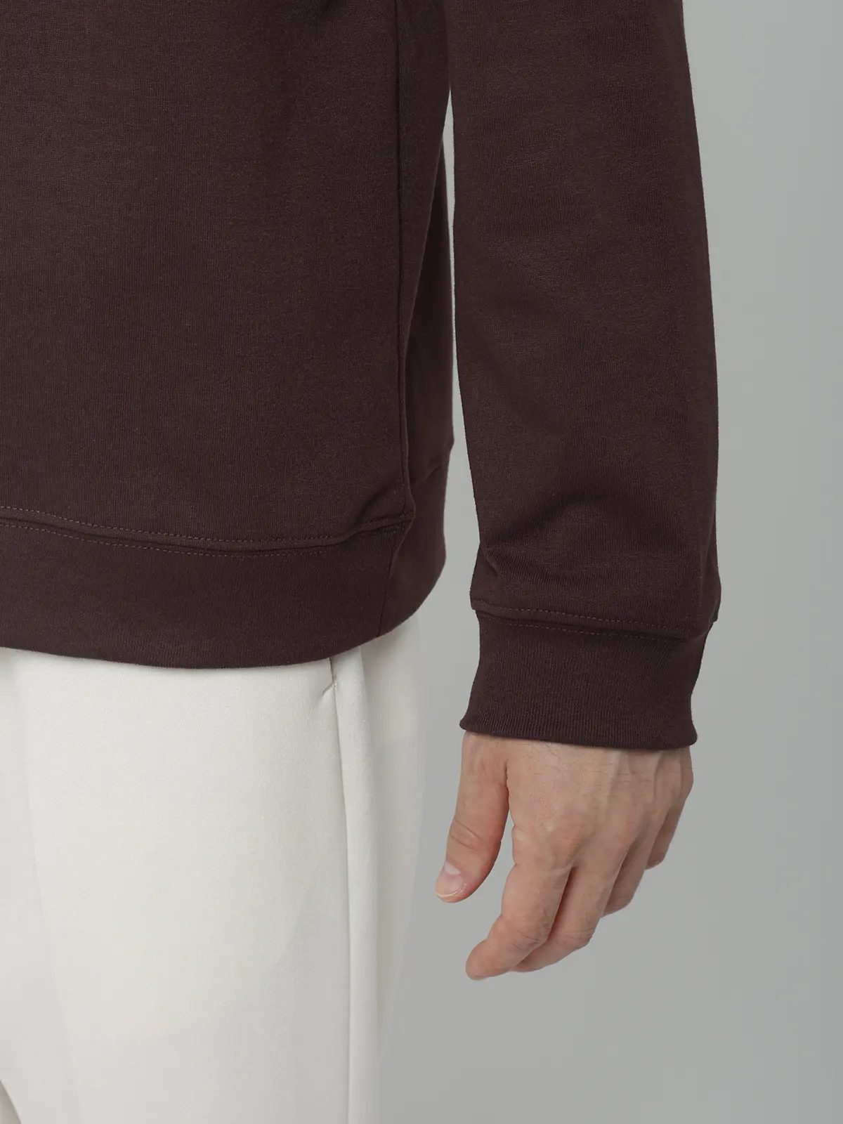 オフィT/モックネックTシャツ/長袖/ウォッシャブル/プレーティング天竺/無地 ブラウン S