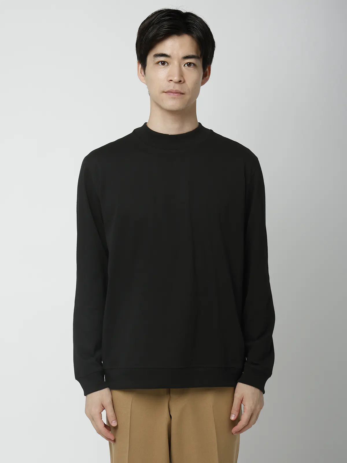 オフィT/モックネックTシャツ/長袖/ウォッシャブル/プレーティング天竺/無地 ブラック S