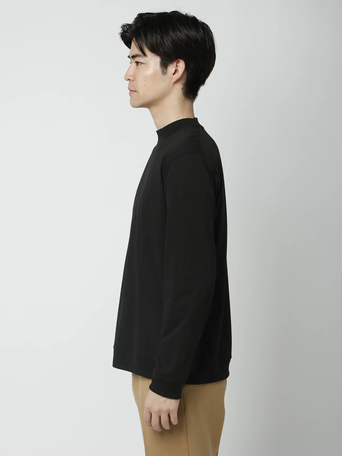オフィT/モックネックTシャツ/長袖/ウォッシャブル/プレーティング天竺/無地 ブラック S