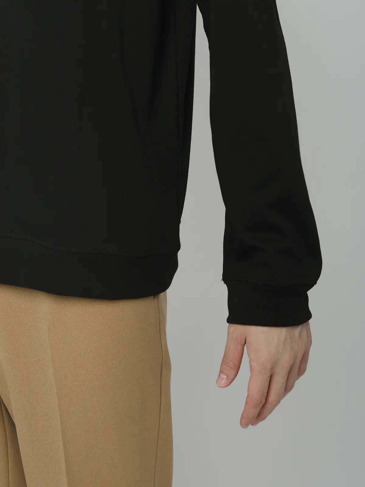 オフィT/モックネックTシャツ/長袖/ウォッシャブル/プレーティング天竺/無地 ブラック S